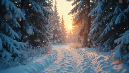 Aufkleber - Serene sunset over snow-covered evergreen trees in winter forest