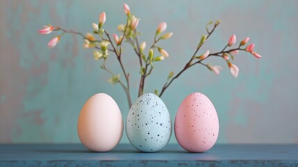 Poster - Three pastel-colored eggs with flowers on teal table