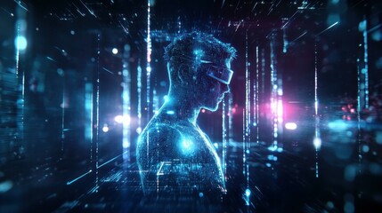 Poster - Young man wearing head-mounted display in abstract digital space