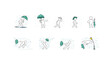 © sapunkele - Doodle weather icons with wind and rain. Sketch of man with umbrella in storm, set of windsocks, character in rainy weather and outline swirls of strong wind, vector hand drawn illustration