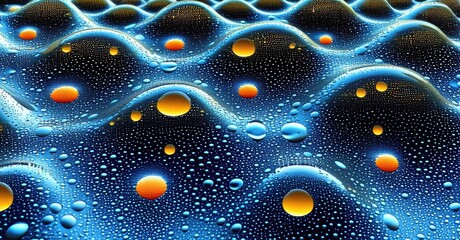Aufkleber - Water droplets form undulating surface. Blue, orange hues create abstract texture. Bubbles, reflections dominate composition. Vivid colors, dynamic patterns present.