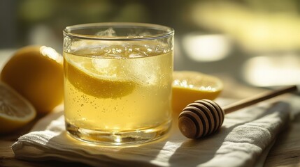 Poster - Refreshing glass of lemon and honey beverage with ice outdoors