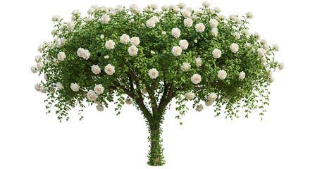 rose tree with white flowers green leaves and a vinecovered trunk