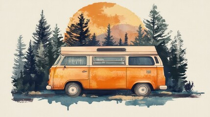 Poster - Parked van among trees during serene sunset in forest
