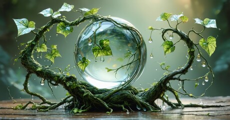 Poster - Glass sphere embraced by roots, vines. Water droplets cling to foliage, creating mystical scene. Soft light illuminates natures beauty.