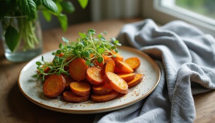 Aufkleber - Roasted carrot slices with herbs on a cozy kitchen plate