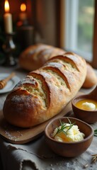 Aufkleber - Two rustic loaves of bread on wooden board near window