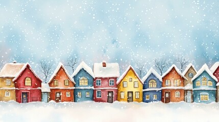 Poster - Snowy village with cozy houses and falling snow during winter