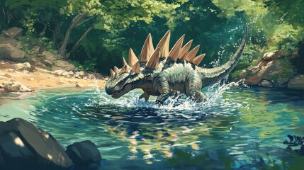 Poster - Dinosaur wading through tranquil forest river during daytime