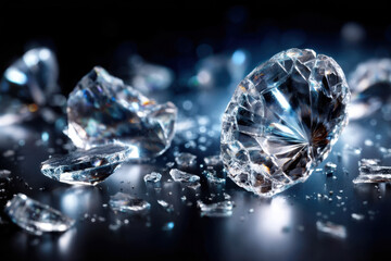 Poster - Shattered crystal pieces reflecting light on a dark surface at night