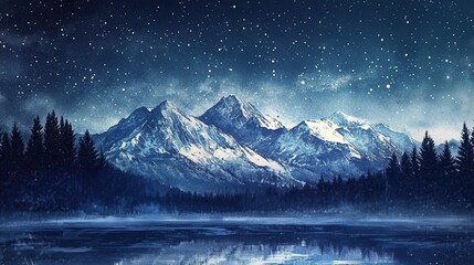 Poster - Serene night scene of snow-covered mountains and frozen lake