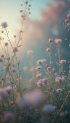 Poster - Field of blooming pink flowers at sunrise, serene and tranquil