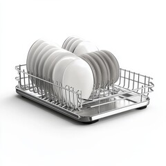 Poster - Dish rack with white plates drying in modern kitchen