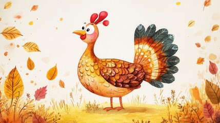 Poster - Cheerful chicken standing in autumn field with falling leaves