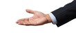 © Mono - A mans hand palm open extending from a business suit sleeve against a white backdrop