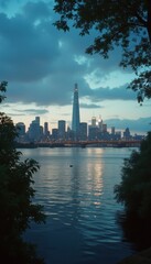 Aufkleber - Serene cityscape at dusk with skyscraper and bridge