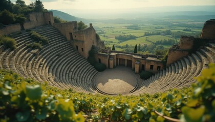 Poster - Ancient amphitheater surrounded by vineyards on hilltop