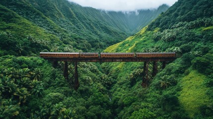 Poster - Train traveling across bridge in lush tropical rainforest