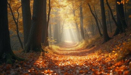 Poster - Serene forest path covered in autumn leaves with sunlight streaming