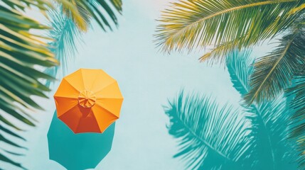 Poster - Orange umbrella under palm leaves near pool in tropical setting