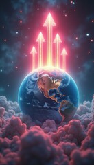 Aufkleber - Planet Earth with glowing arrows rising in abstract space setting