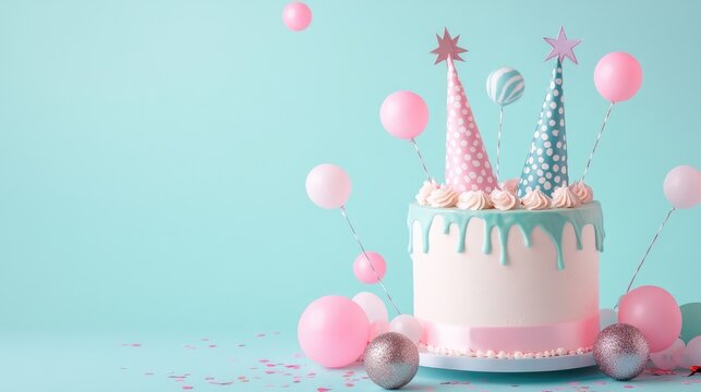 Minimal pastel birthday card with festive decorations.