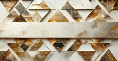 Poster - Geometric pattern. Gold, white textures create layered design. Triangles, rectangles form abstract composition. Elegant, modern aesthetic.