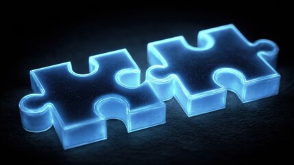 Poster - Glowing Puzzle Pieces Interconnected in a Dark Environment Showcasing Unity and Connection