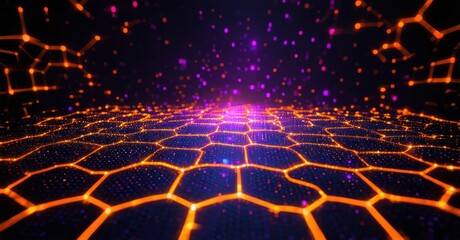 Poster - Abstract digital landscape. Glowing hexagonal grid extends toward bright purple center. Orange lines connect distant points. Dark background creates depth.
