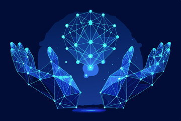 Poster - Abstract Hands Holding a Glowing Network Representing Technology and Connection Vector Art.