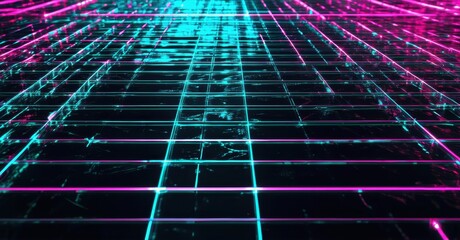 Poster - Bright grid lines extend into darkness. Cyan, magenta hues dominate digital landscape. Futuristic aesthetic creates immersive visual experience.