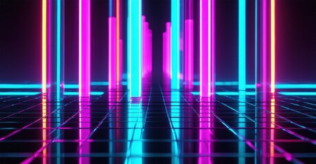 Poster - Neon grid extends into darkness. Vertical lights create futuristic tunnel effect. Vibrant colors dominate scene. Minimalist design.
