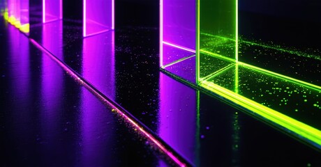 Aufkleber - Neon lights create futuristic corridor. Reflections shimmer across wet surface, evoking digital space. Vibrant colors dominate dark background.