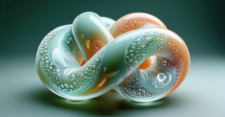 Poster - Intricate glass sculpture. Bubbles within twisted forms create luminous, flowing shapes. Soft colors, smooth texture, elegant design.