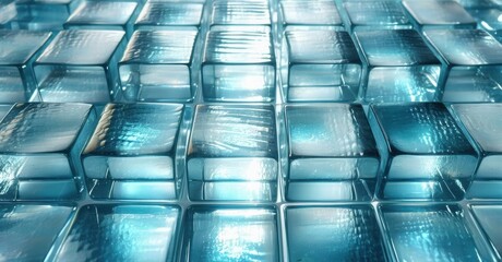 Poster - Blue cubes create textured surface. Light reflects, shadows play across geometric pattern. Cool tones dominate composition.