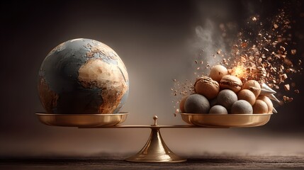Poster - A symbolic representation of the delicate balance between the Earth s resources and the growing demands of human consumption and production