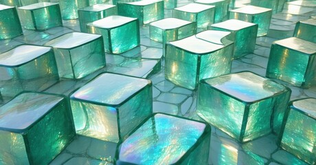 Poster - Glass cubes cover ground. Light reflects, creating vibrant teal hues. Pattern repeats, offering abstract visual texture.