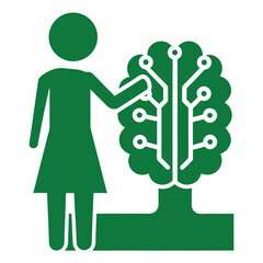 Poster - Woman interacting with a futuristic digital tree on a transparent background