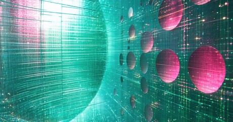 Poster - Abstract tunnel, vibrant teal, pink spheres. Lines create depth, futuristic design, glowing effect. Dramatic perspective.