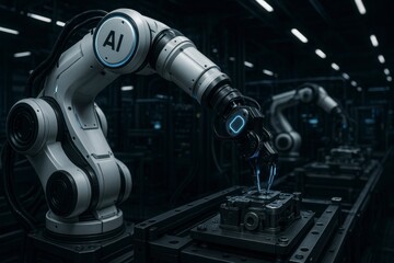 Poster - Robotic arms with ai working on a metal part in a dark factory setting
