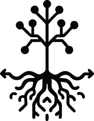Poster - Black silhouette tree with neural network roots and glowing branches design