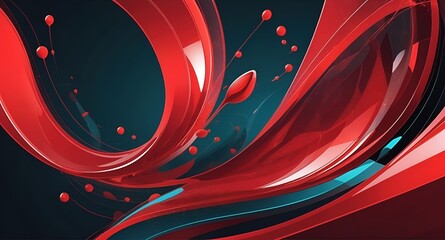 Wall Mural - Abstract red ribbons and spheres against a dark teal background illustration