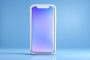 Poster - Smartphone stands on smooth blue surface displaying attractive gradient screen. Bright background emphasizes sleek design and modern technology. Concept of electronics, mobile phone, tech marketing