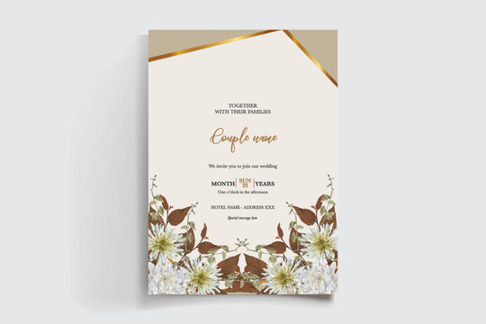 WEDDING INVITATION FRAME WITH FLOWER DECORATIONS AND FRESH LEAVES