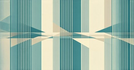 Poster - Abstract geometric pattern. Vertical lines create symmetrical illusion. Beige, teal hues dominate composition. Minimalist design.