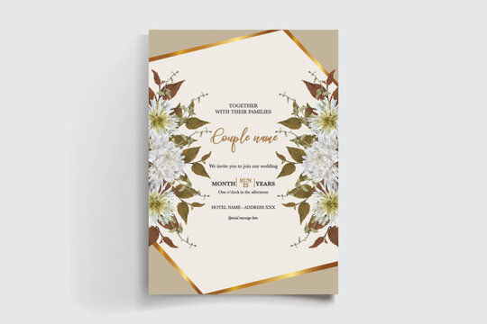 WEDDING INVITATION FRAME WITH FLOWER DECORATIONS AND FRESH LEAVES