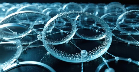 Poster - Abstract network visualization. Interconnected circles glow, forming complex digital structure. Futuristic, technology focused image.