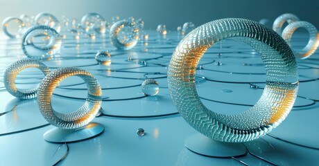 Poster - Abstract rings, spheres, reflections create futuristic landscape. Blue tones dominate, suggesting water or ice elements.