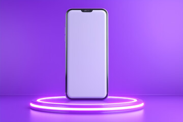 Poster - Smartphone showcases blank screen illuminated by purple neon light. Vibrant backdrop emphasizes modern aesthetics. Concept of technology, digital marketing, design presentations