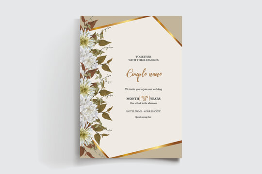 WEDDING INVITATION FRAME WITH FLOWER DECORATIONS AND FRESH LEAVES